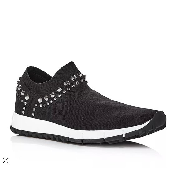 Jimmy Choo Verona Knit Sneakers Shoes Womens 38 8 Black White Slip On Studded - Picture 2 of 13